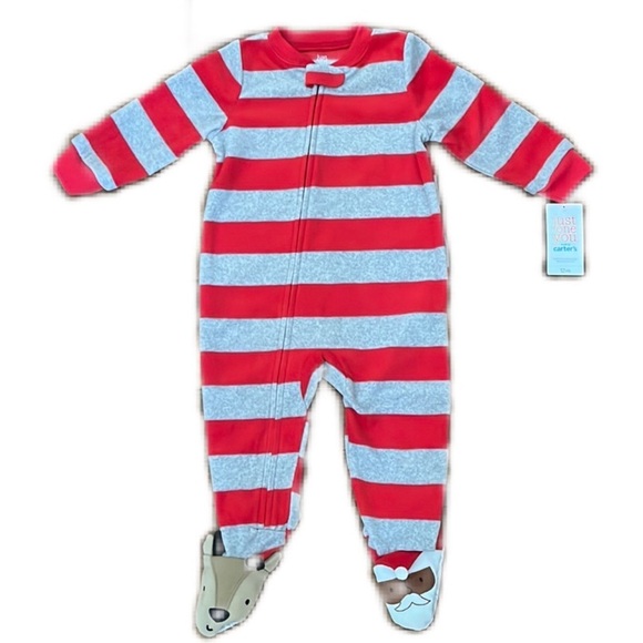 NWT Just One You One piece red and grey wit Santa & Deer on foot Fleece Size 12m - Picture 1 of 6